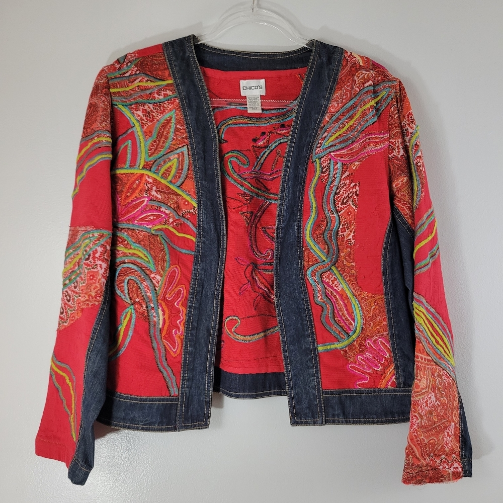Chico's Multicolor Embroidered Jean Jacket